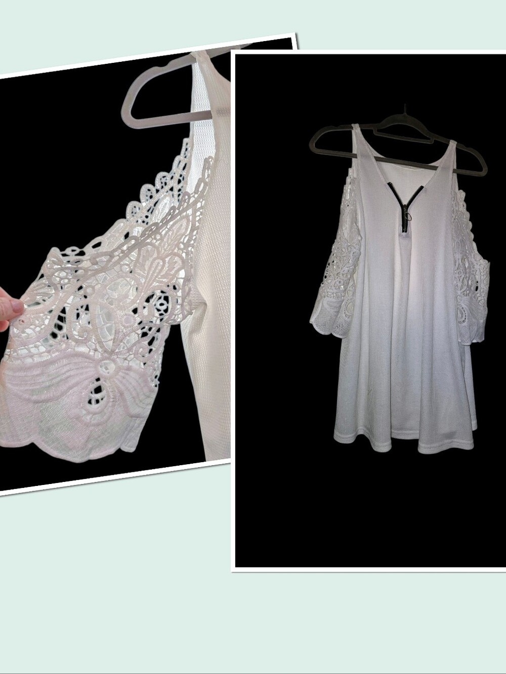 2X White Cold-Shoulder Crochet Sleeve Women's Top Zip V neck LN